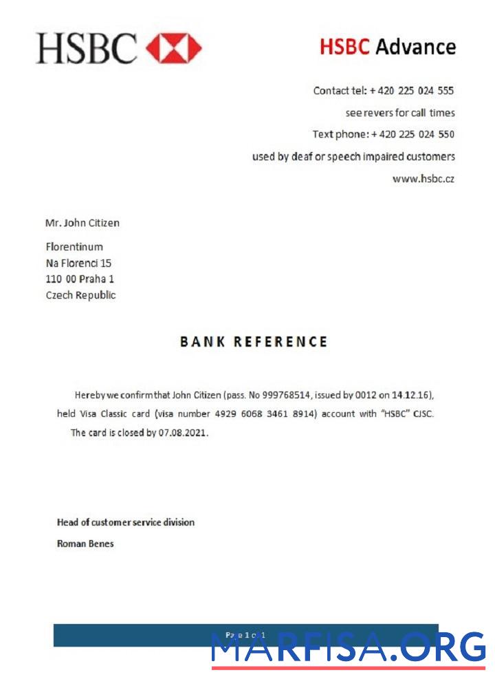 Printable Czech Republic HSBC closure reference download for verification